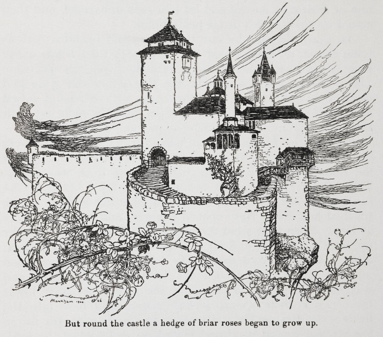 Das von Dornen umgebene Schloss aus Dornröschen von Arthur Rackham