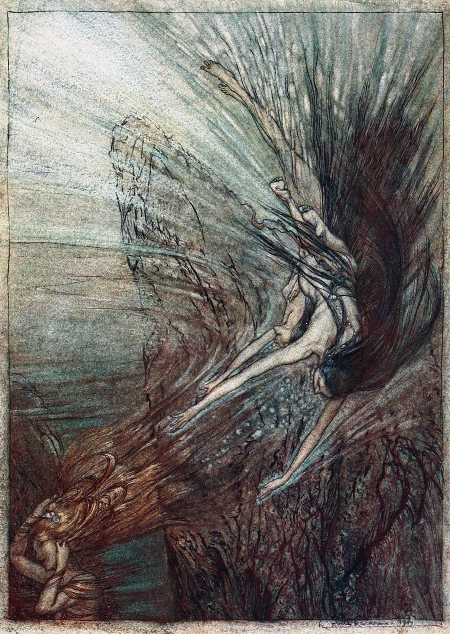 Die Neckerei der Rheintöchter. Illustration für Das Rheingold und Die Walküre von Richard Wagner von Arthur Rackham