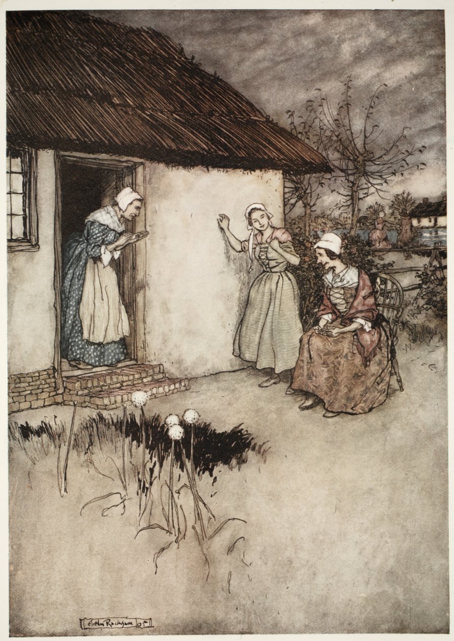 Die guten Frauen des Dorfes versäumten es nie, bei ihren abendlichen Klatschereien die ganze Schuld auf Dame Van Winkle zu schieben., aus Rip Van Winkle von Washington Irving, veröffentlicht 1910 von Arthur Rackham