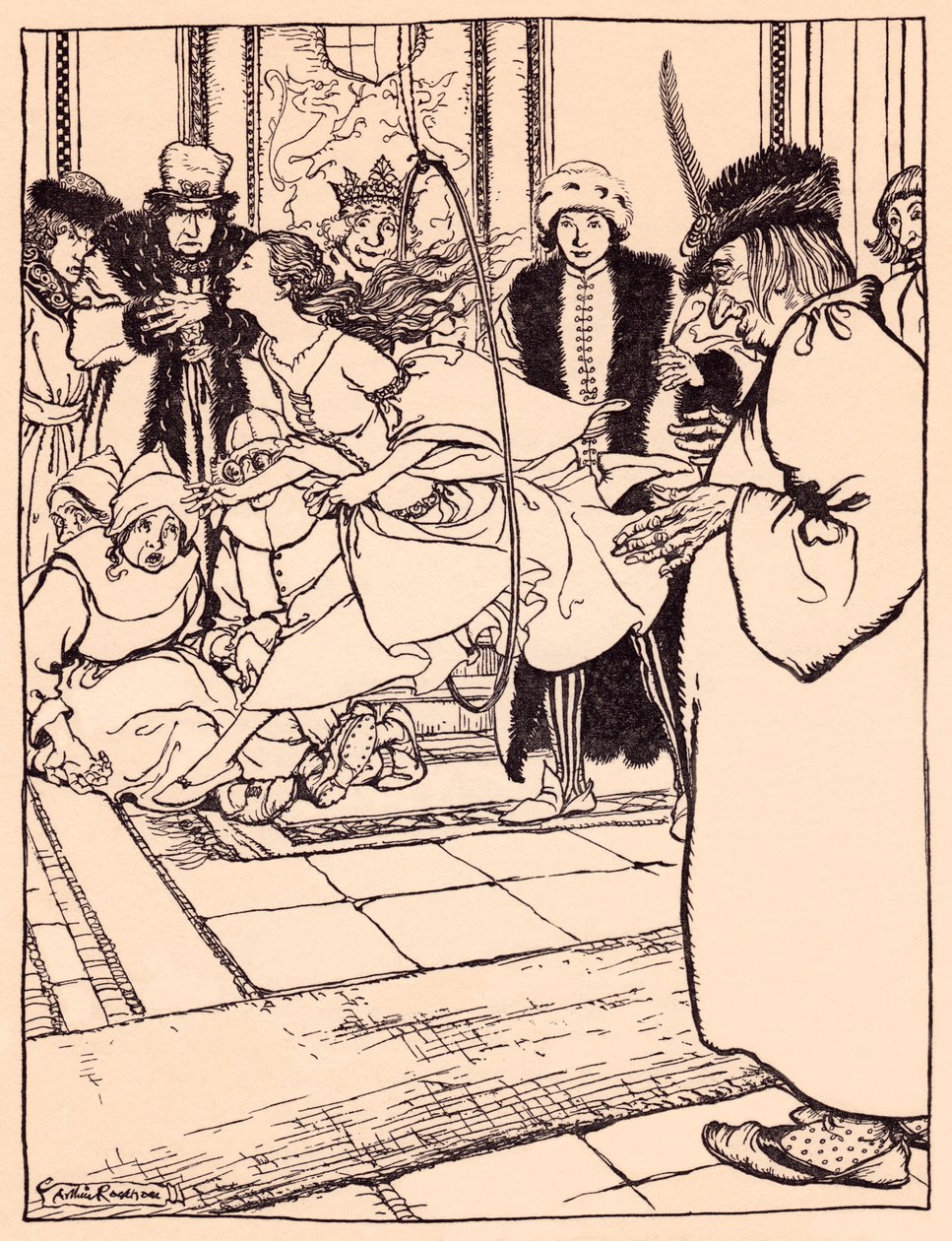 Das hübsche Mädchen sprang so leicht wie ein Reh durch den Reifen. Illustration von Arthur Rackham aus Grimms Märchen, Die drei Federn. von Arthur Rackham