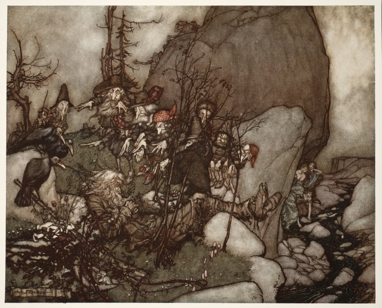 Der Schlaf von Rip Van Winkle., aus Rip Van Winkle von Washington Irving, veröffentlicht 1910 von Arthur Rackham
