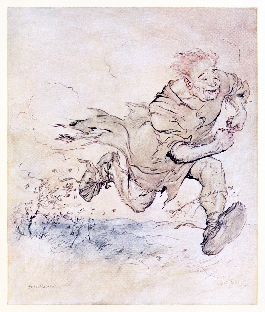 Das Stampfen seiner großen Stiefel wurde so kontinuierlich wie das Prasseln von Hagelkörnern auf einem Dach, und der Wind seines Vorbeigehens riss Bäume um. aus The Carl of the Drab Coat in Irish Fairy Tales von Arthur Rackham