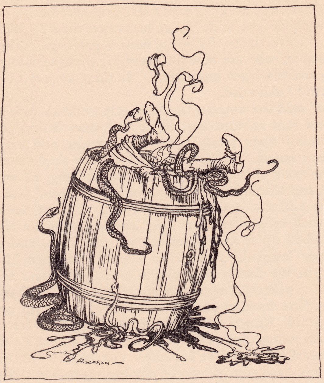 Die böse Schwiegermutter wurde in ein Fass mit kochendem Öl und giftigen Schlangen gesteckt. Illustration von Arthur Rackham aus Grimms Märchen, Die zwölf Brüder, veröffentlicht Ende des 19. Jahrhunderts. von Arthur Rackham