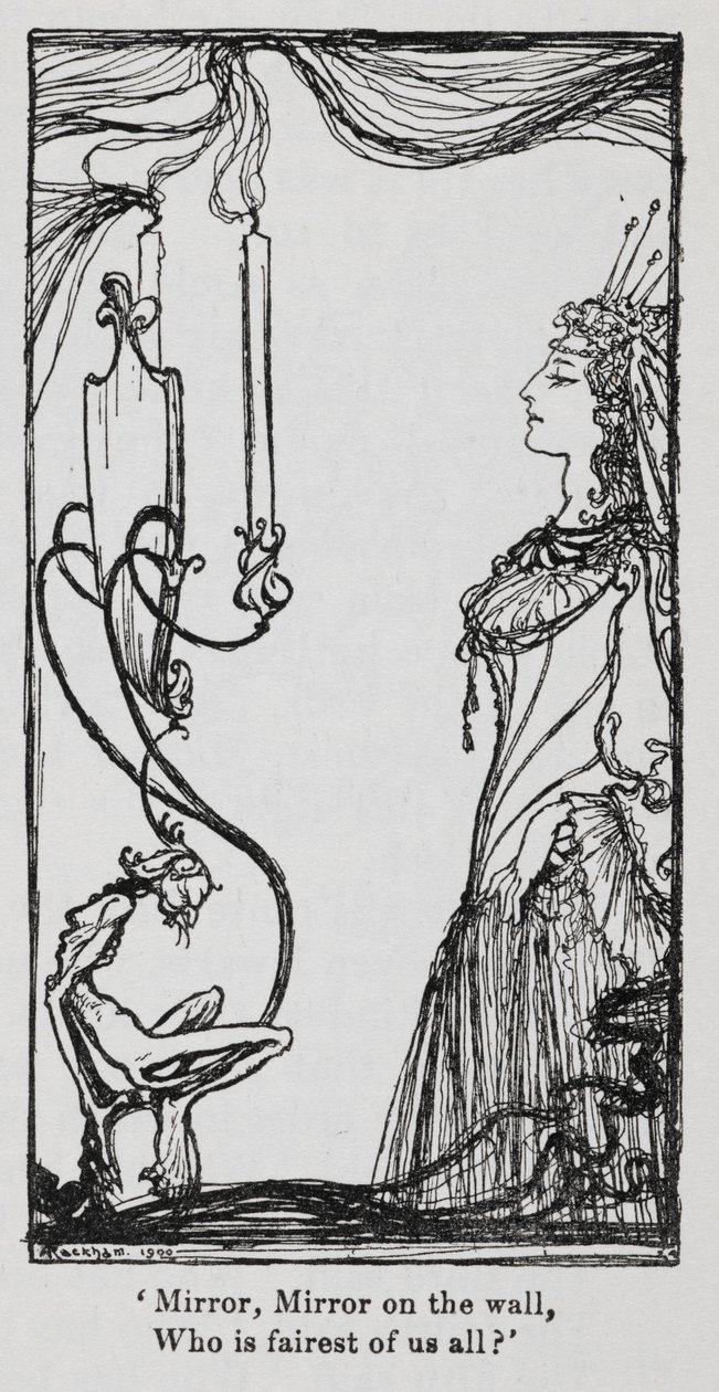 Die böse Königin schaut sich im Spiegel an aus Schneewittchen. von Arthur Rackham