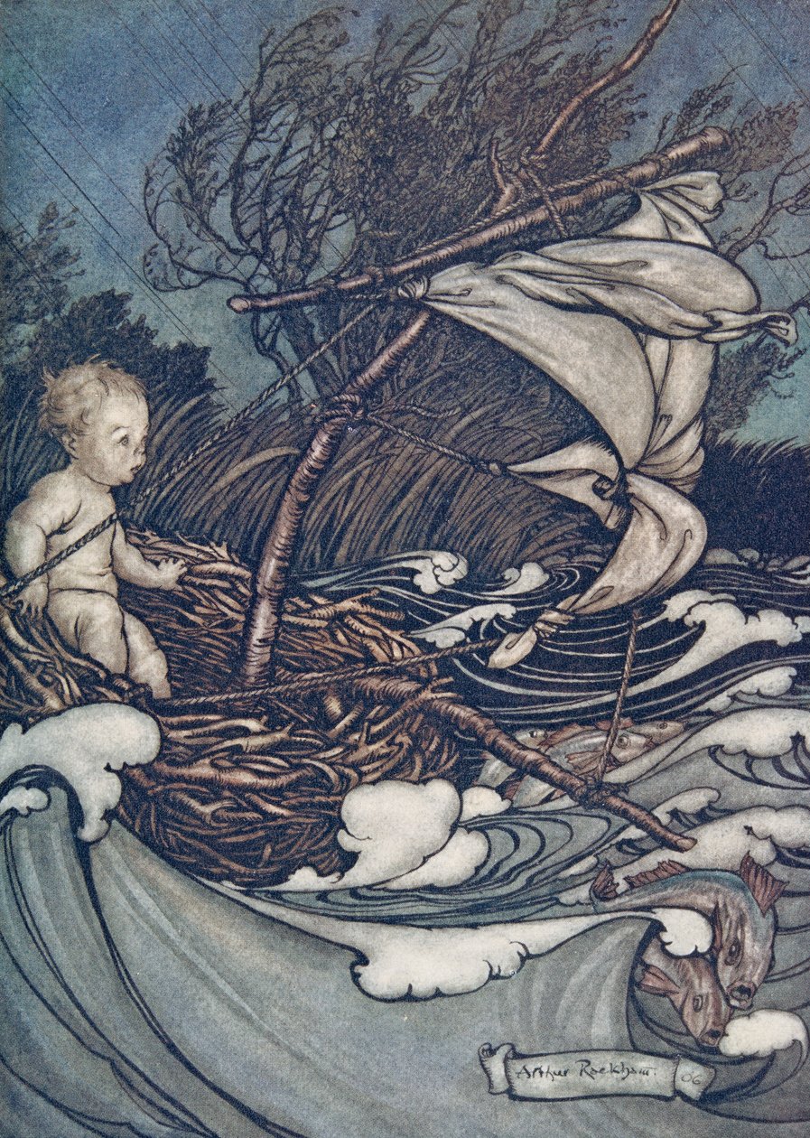 Es erhob sich ein mächtiger Sturm, und er wurde hin und her geworfen, aus Peter Pan in Kensington Gardens von J M Barrie, veröffentlicht 1906 von Arthur Rackham