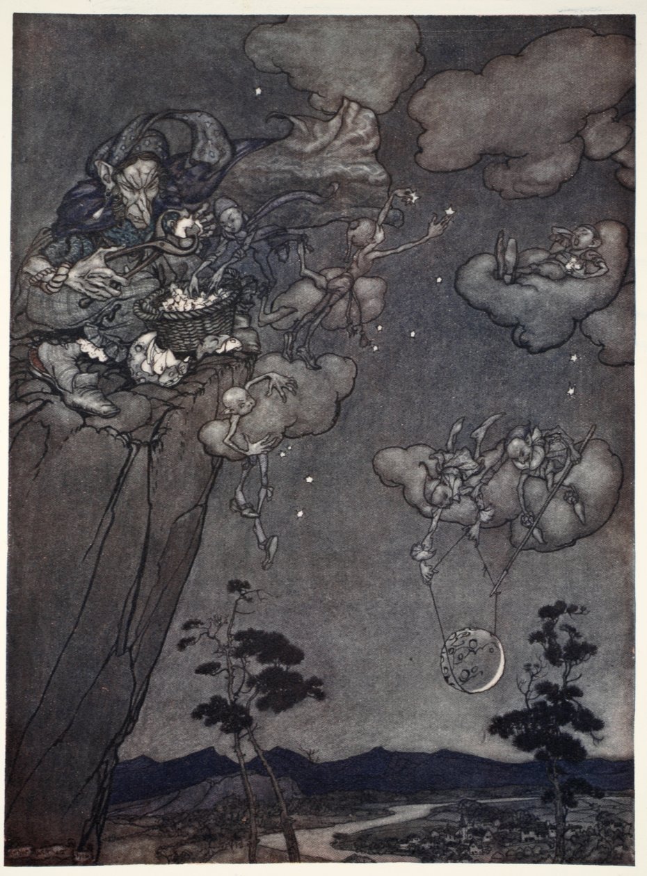 Sie wurden von einem alten Squaw-Geist beherrscht, der die neuen Monde an den Himmel hängte und die alten in Sterne zerschnitt., aus Rip Van Winkle von Washington Irving, veröffentlicht 1910 von Arthur Rackham