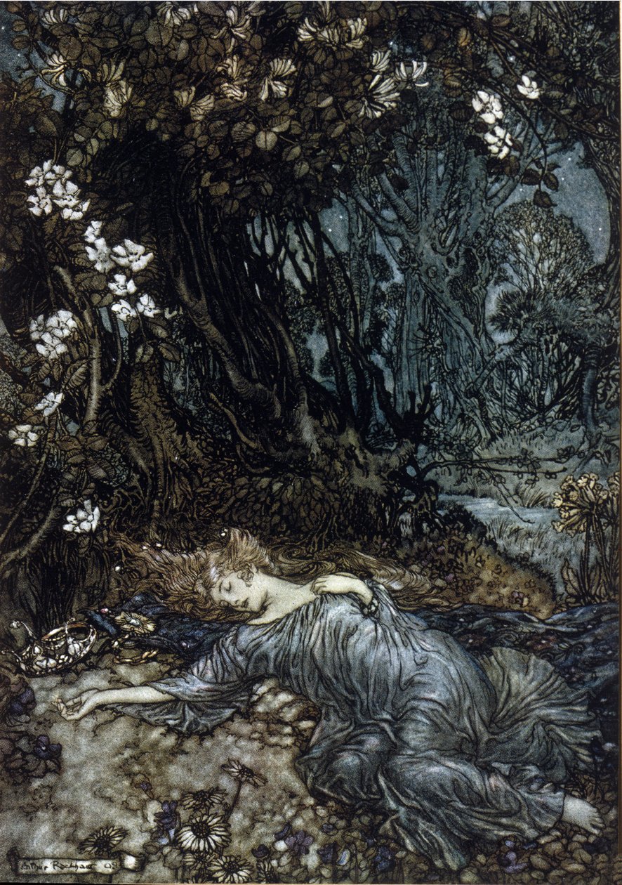 Titania, die Königin der Feen, schläft. Illustration von Arthur Rackham (1867-1939) für Ein Sommernachtstraum von William Shakespeare von Arthur Rackham