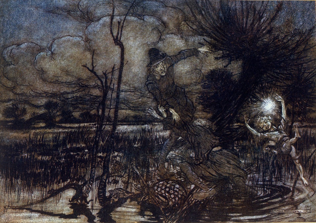 Zwei Figuren drohen im Sumpf zu ertrinken, Puck hilft ihnen mit einem Feuer. Illustration von Arthur Rackham für Ein Sommernachtstraum von William Shakespeare von Arthur Rackham