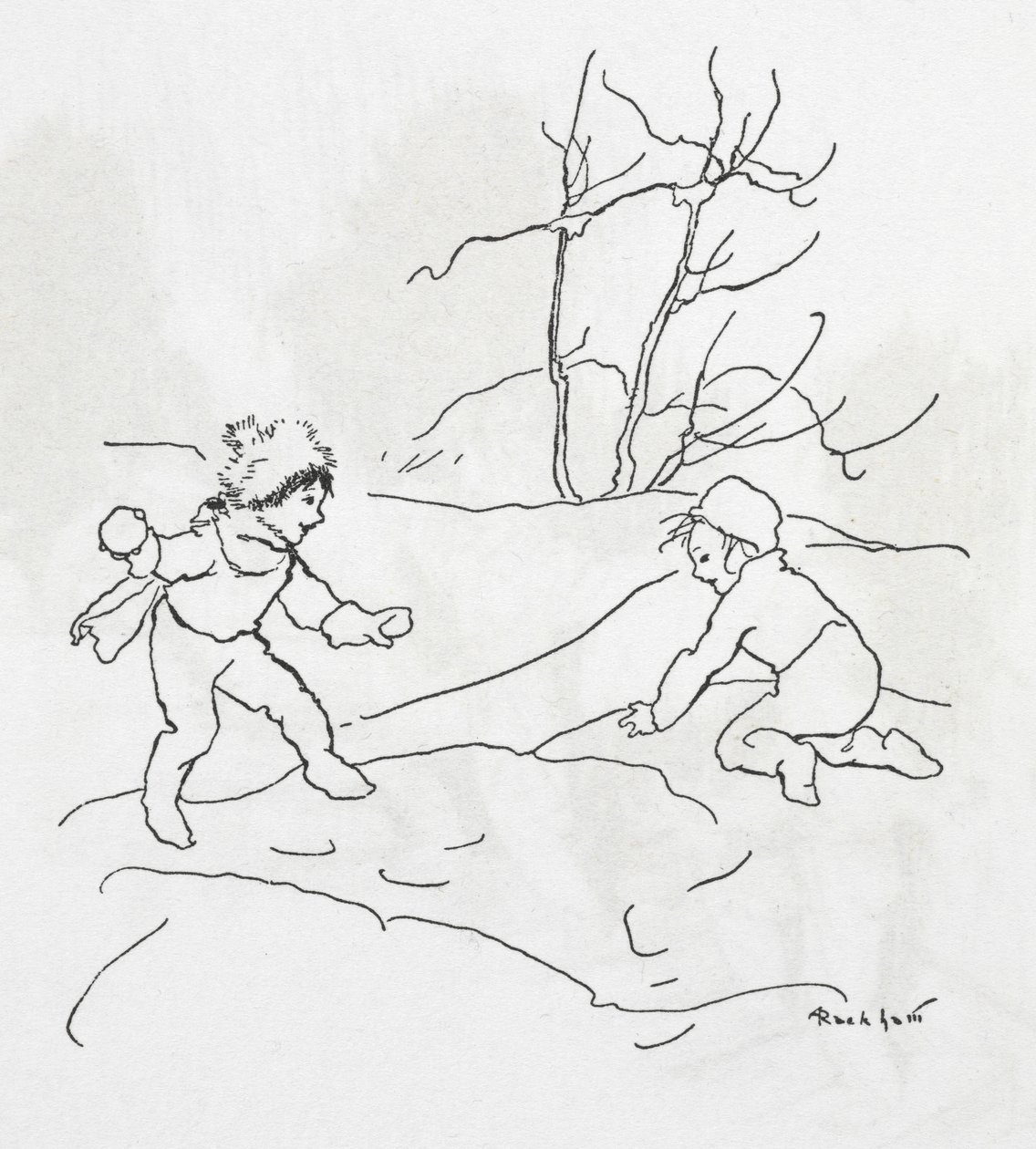 Zwei Kinder, die eine Schneeballschlacht machen von Arthur Rackham