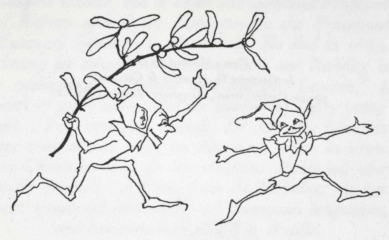 Zwei Elfen spielen, einer trägt einen Mistelzweig von Arthur Rackham