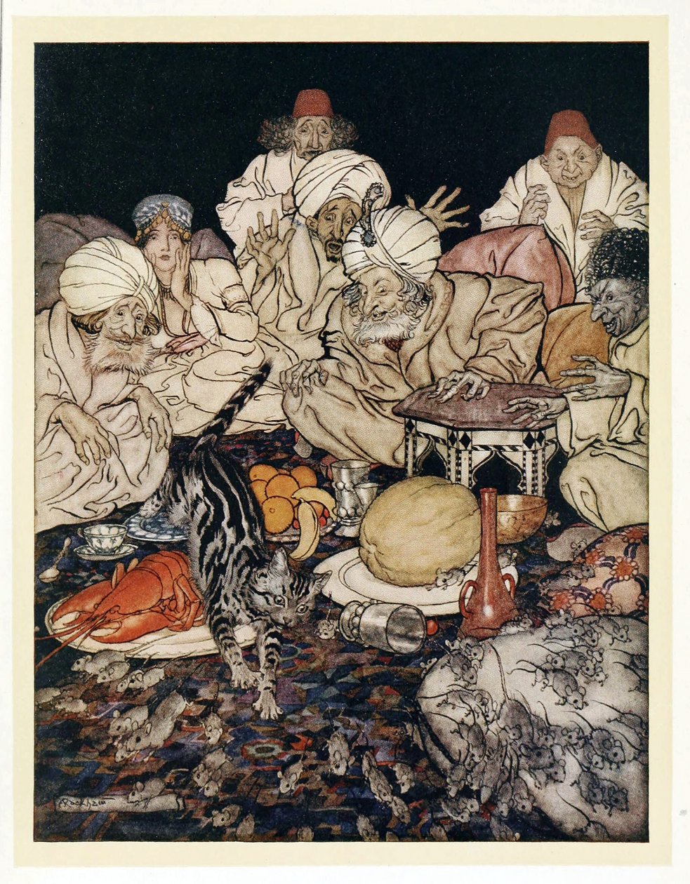 Als Puss die Ratten und Mäuse sah, wartete sie nicht, um es zu erfahren, aus Englische Märchen, 1922 von Arthur Rackham