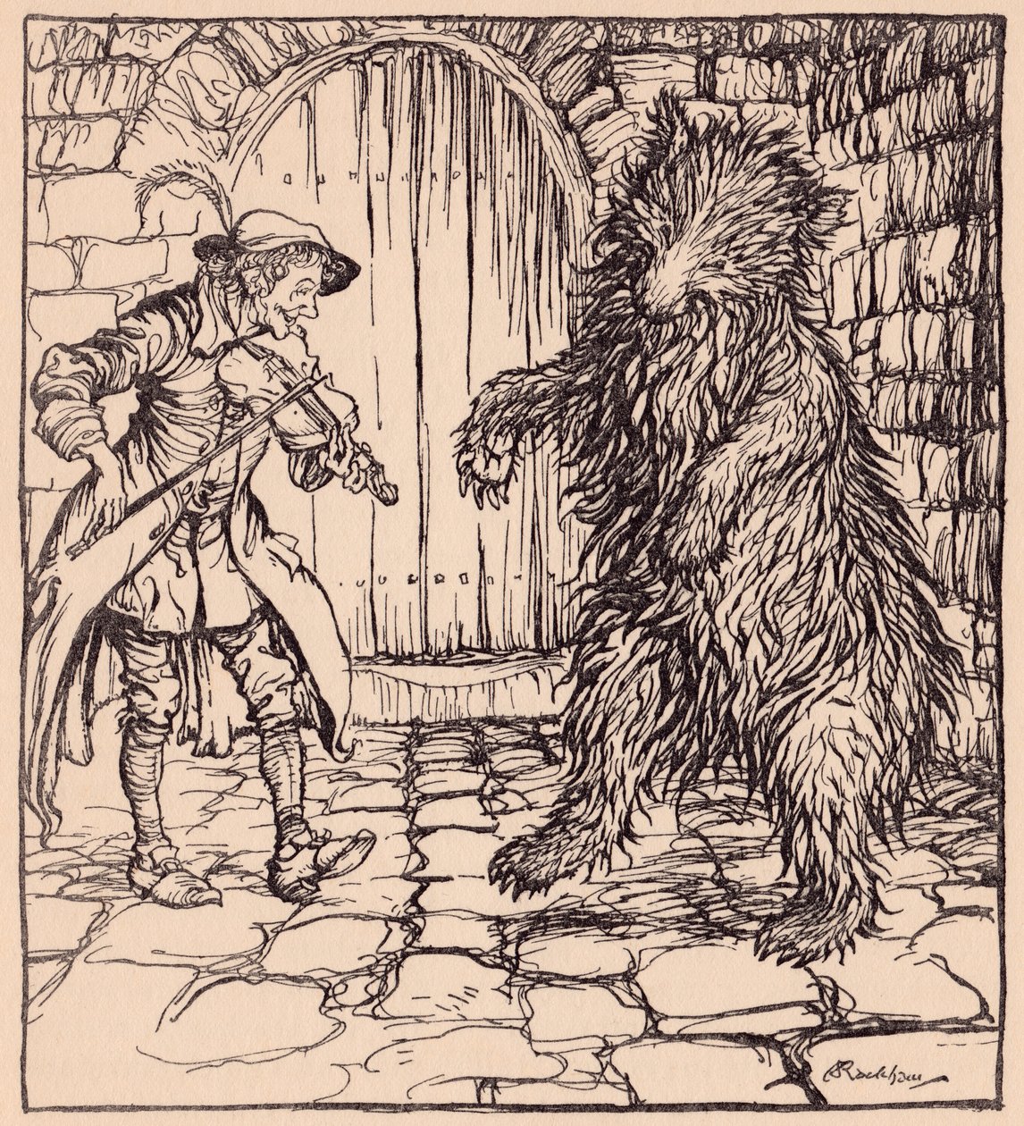 Als der Bär die Musik hörte, konnte er nicht anders, als zu tanzen. Illustration von Arthur Rackham aus Grimms Märchen, Der kluge kleine Schneider von Arthur Rackham