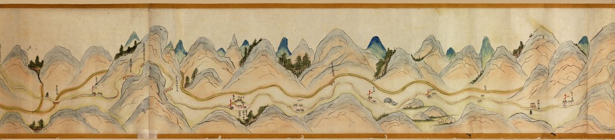 16.000. geliefert. Nach Norden ausgerichtet. Reliefdarstellung bildlich. Zeigt den Wei-Fluss in Baoji Xian, Shanxi Sheng bis Shu Dao an der Grenze Shanxi-Sichuan. Zeigt Siedlungen, Rastplätze, Stationen, Gasthäuser, Tempel, Gebirgspässe, Mauern von Arthur W. Hummel