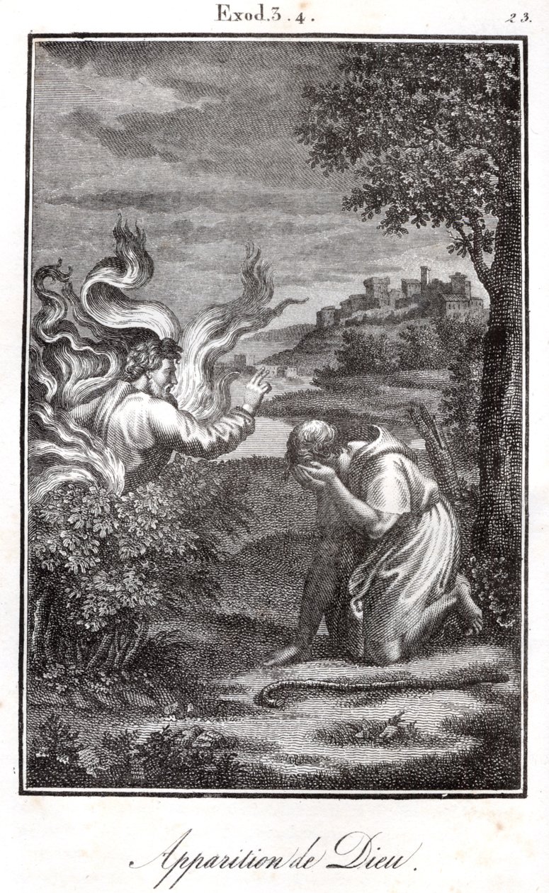 Bibel, Moses und der brennende Dornbusch Gott erscheint Moses aus einem brennenden Busch. von Artist Unknown