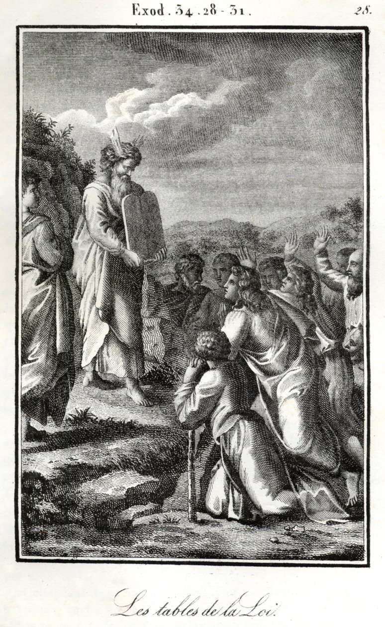 Bibel, Moses zeigt die zwei Tafeln mit den zehn Geboten (Gravur) von Artist Unknown