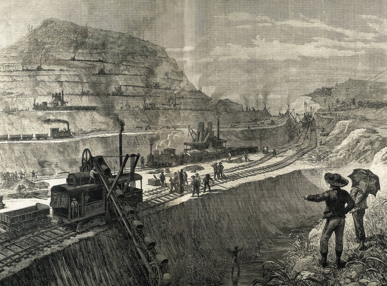 Bau des Panamakanals. Baggerarbeiten im Dorf Culebra. Originalzeichnung von Meltor Prior. Bild veröffentlicht in „The Illustrated London News“. Gravur. von Artist Unknown