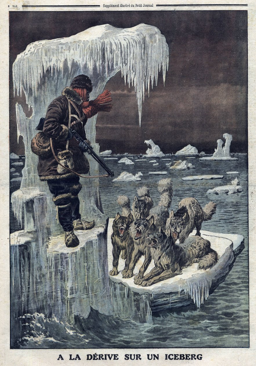 Treiben auf einem Eisberg: Der englische Arzt Wilfrid Grenfell trieb auf einem Eisberg und musste seine hungrigen Hunde töten, damit sie ihn nicht angreifen von Artist Unknown