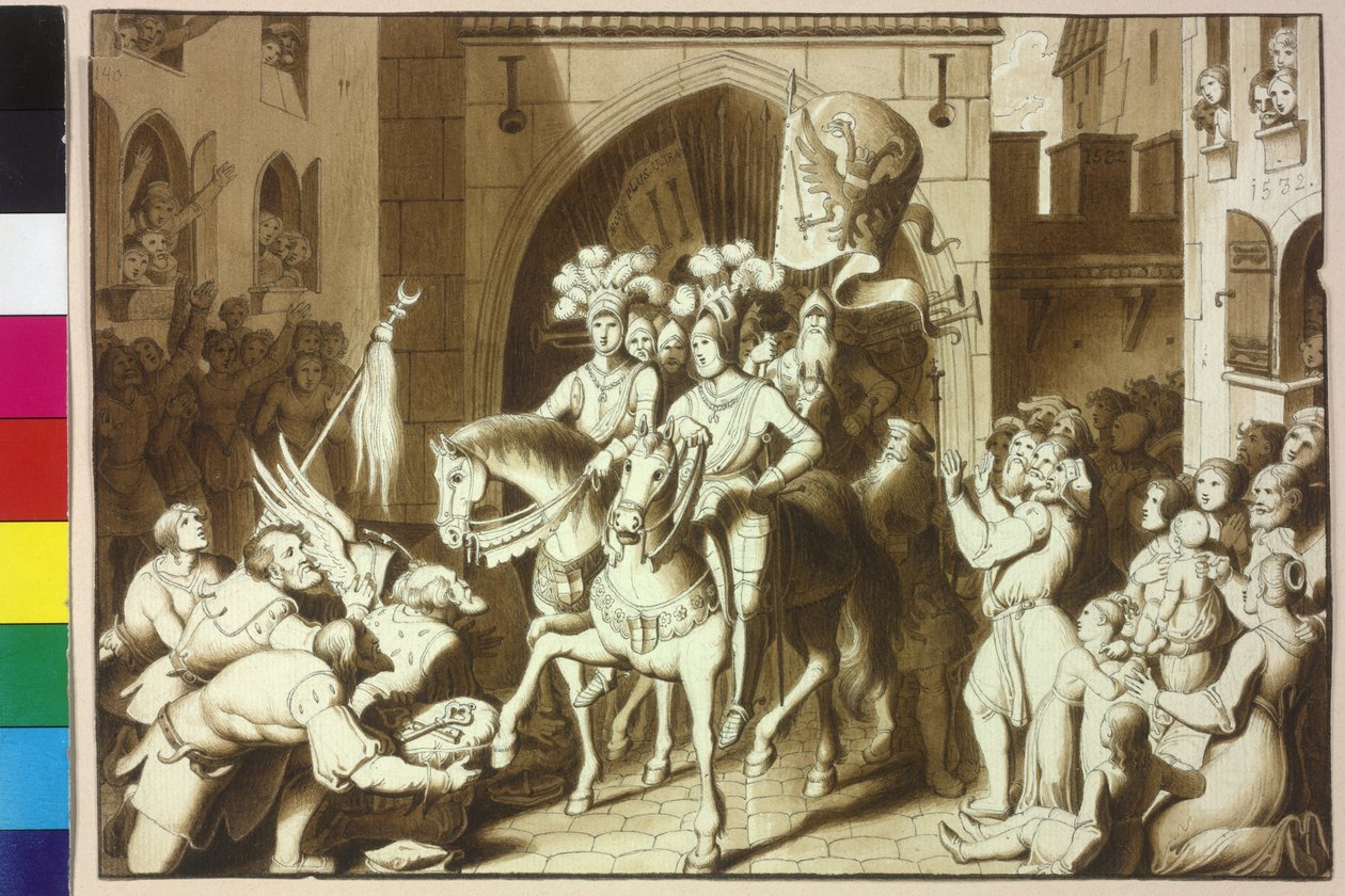 Kaiser Karl V. und sein Bruder Ferdinand I werden bei ihrer Ankunft in Wien vom Helm des tödlichen Paschas Michael Oglu begrüßt von Artist Unknown