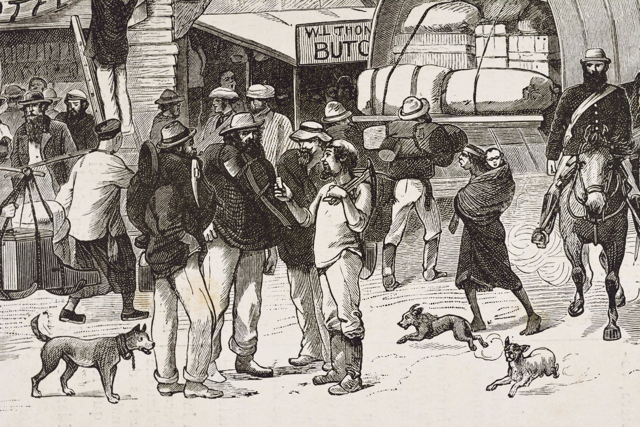 England (19. Jahrhundert). Kolonisation (1880). Das Leben der Goldgräber in Australien. Englische Kolonie Botany Bay (gegründet 1788), die anfangs hauptsächlich von Kriminellen bevölkert war, die zu Goldsuchern und Händlern wurden. Gravur. Private Sammlung von Artist Unknown