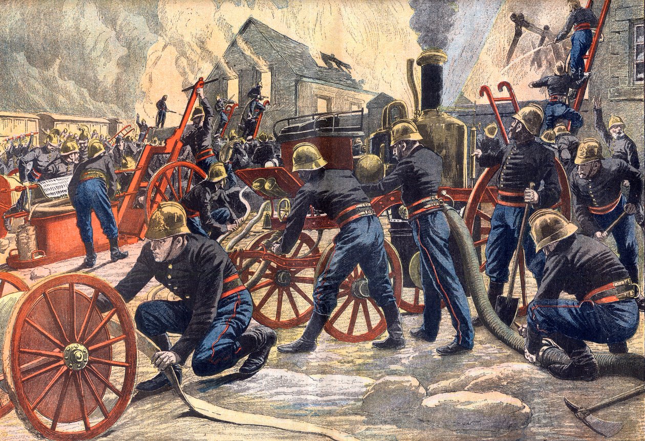 Feuerwehrmänner bekämpfen ein Feuer in einer Papiermühle in Ballancourt von Artist Unknown