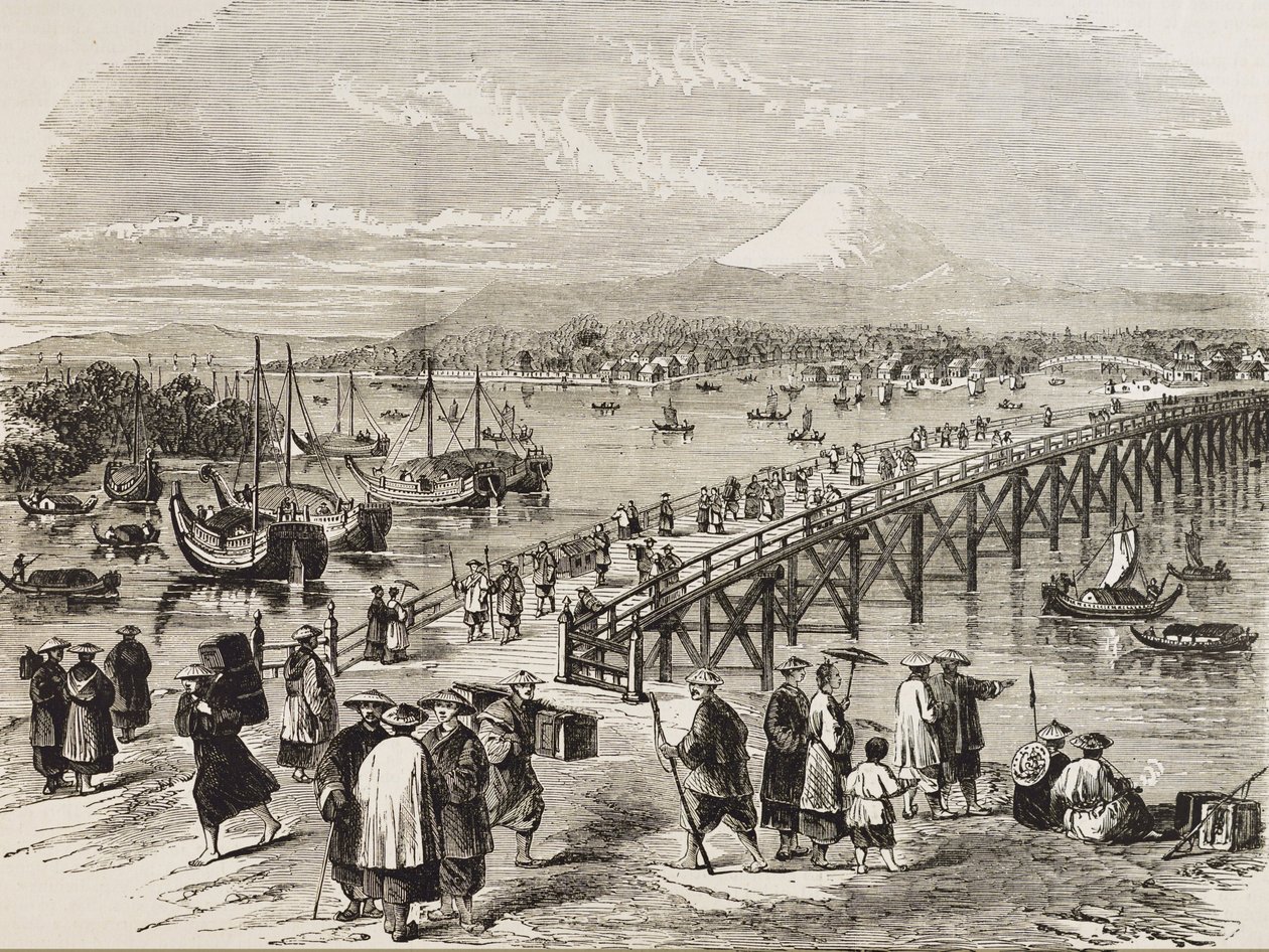 Japan (19. Jahrhundert). Stadt Edo, durchquert vom Toniak-Fluss. (Stich) von Artist Unknown
