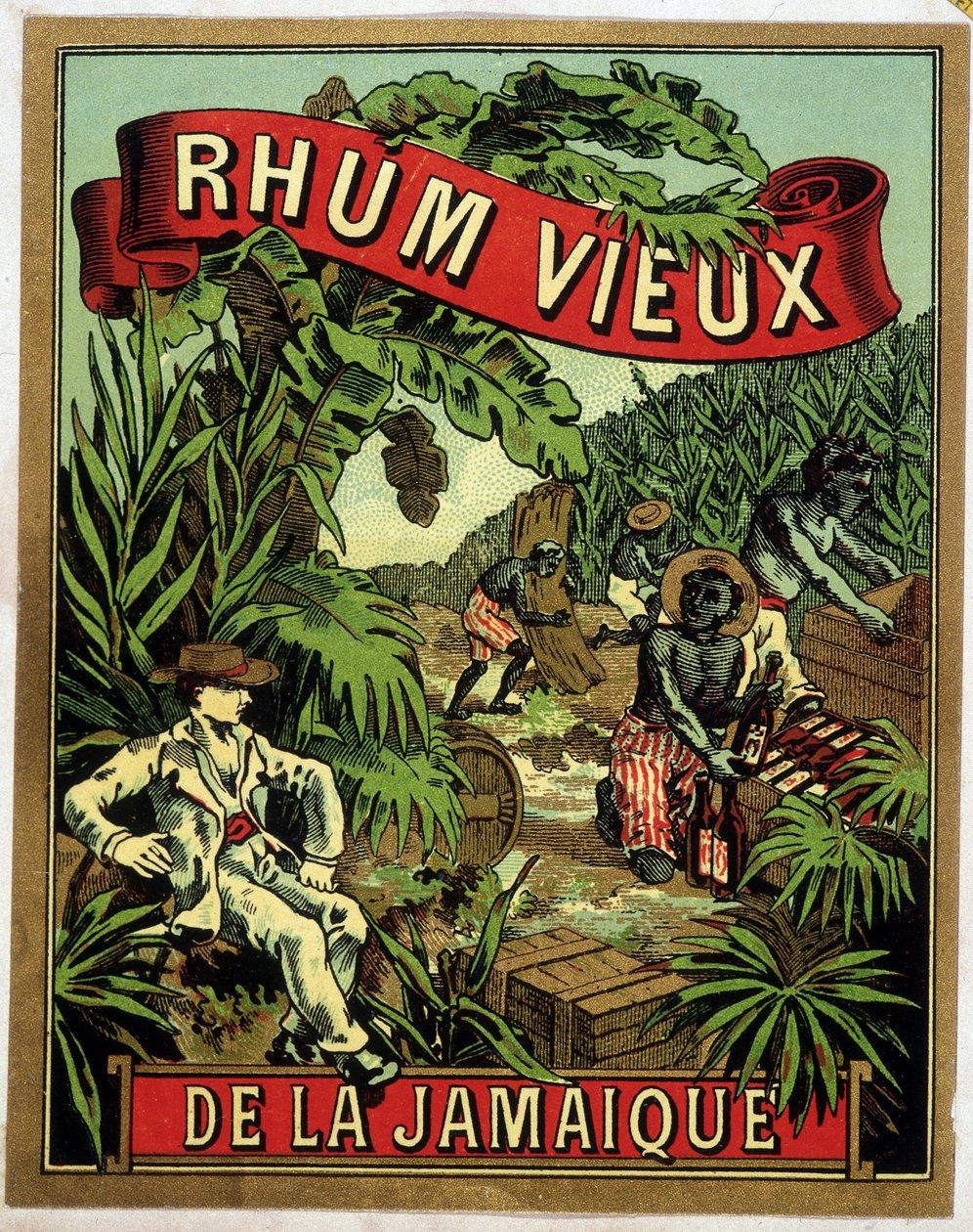 Jamaikanisches Rum-Etikett. Schwarze Arbeiter reduzieren Zuckerrohr, beobachtet von einem weißen Mann von Artist Unknown