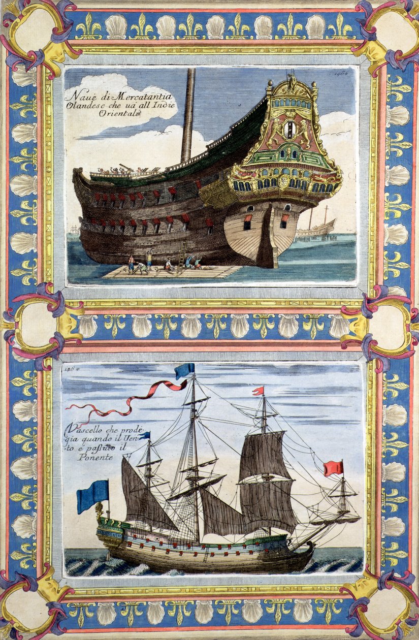 Handelsschiffe der Niederländischen Ostindien-Kompanie (farbige Gravur) von Artist Unknown