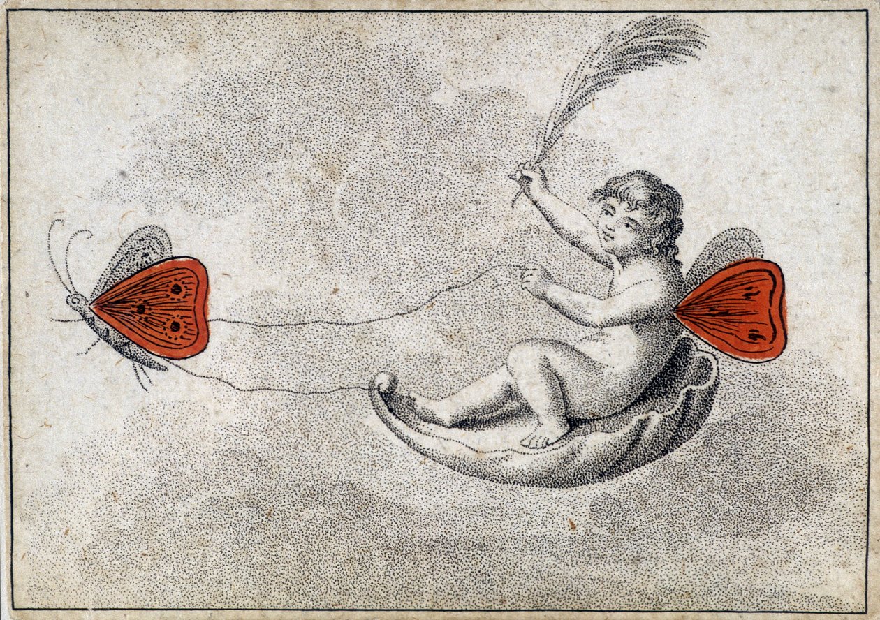 Alte Spielkarte: die Zwei der Herzen - Kind fährt einen fliegenden Panzer. Musé de la Carte à Jouir, Issy-les-Moulineaux. von Artist Unknown