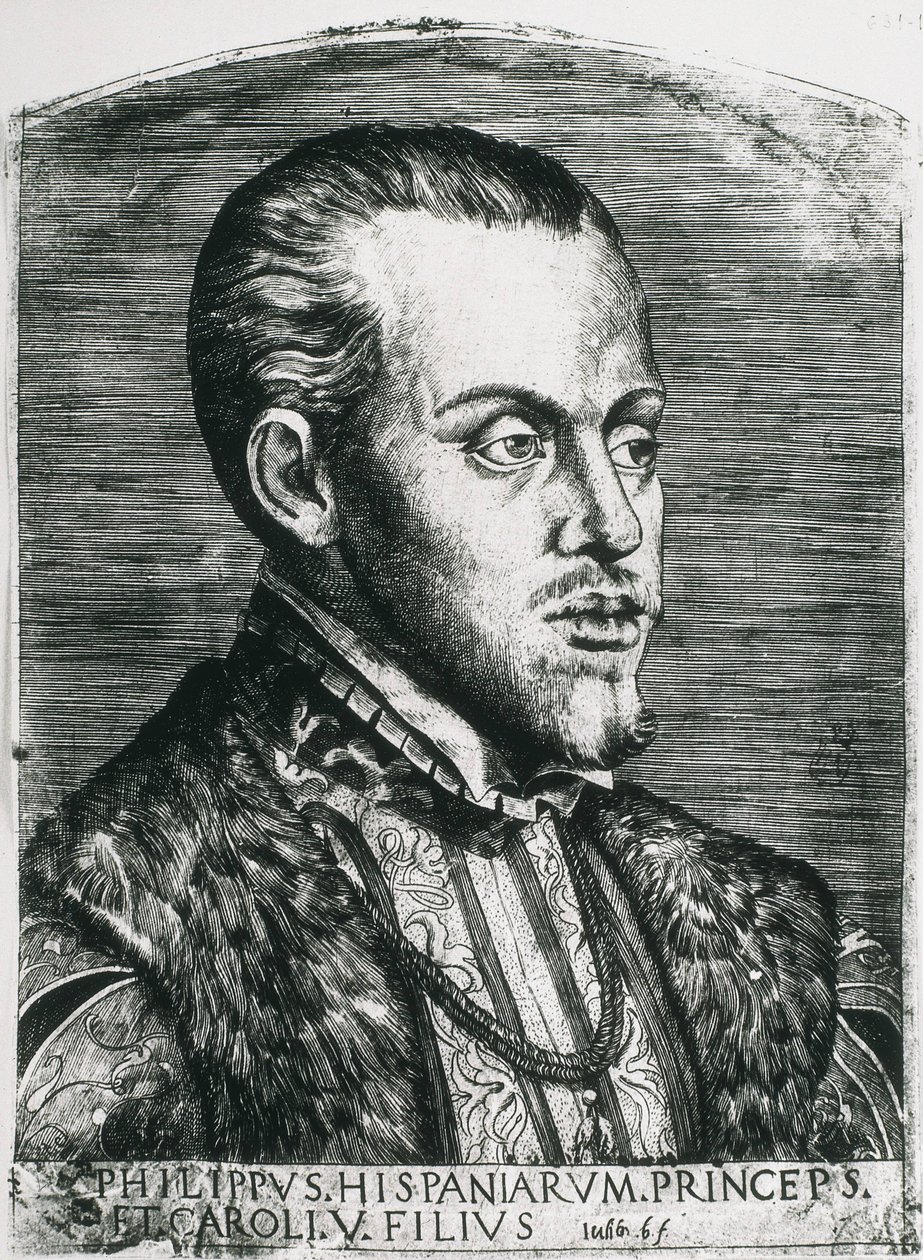 PHILIP II von Spanien (1527-1598). König von Spanien (1556-1598) und Portugal (1580-1598). Porträt von Philipp noch als Prinz. Xylographie. von Artist Unknown
