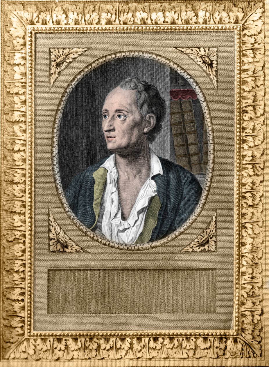 Porträt von Denis Diderot (1713-1784), französischer Schriftsteller und Philosoph, hinter ihm zwei Bände der Enzyklopädie von Artist Unknown