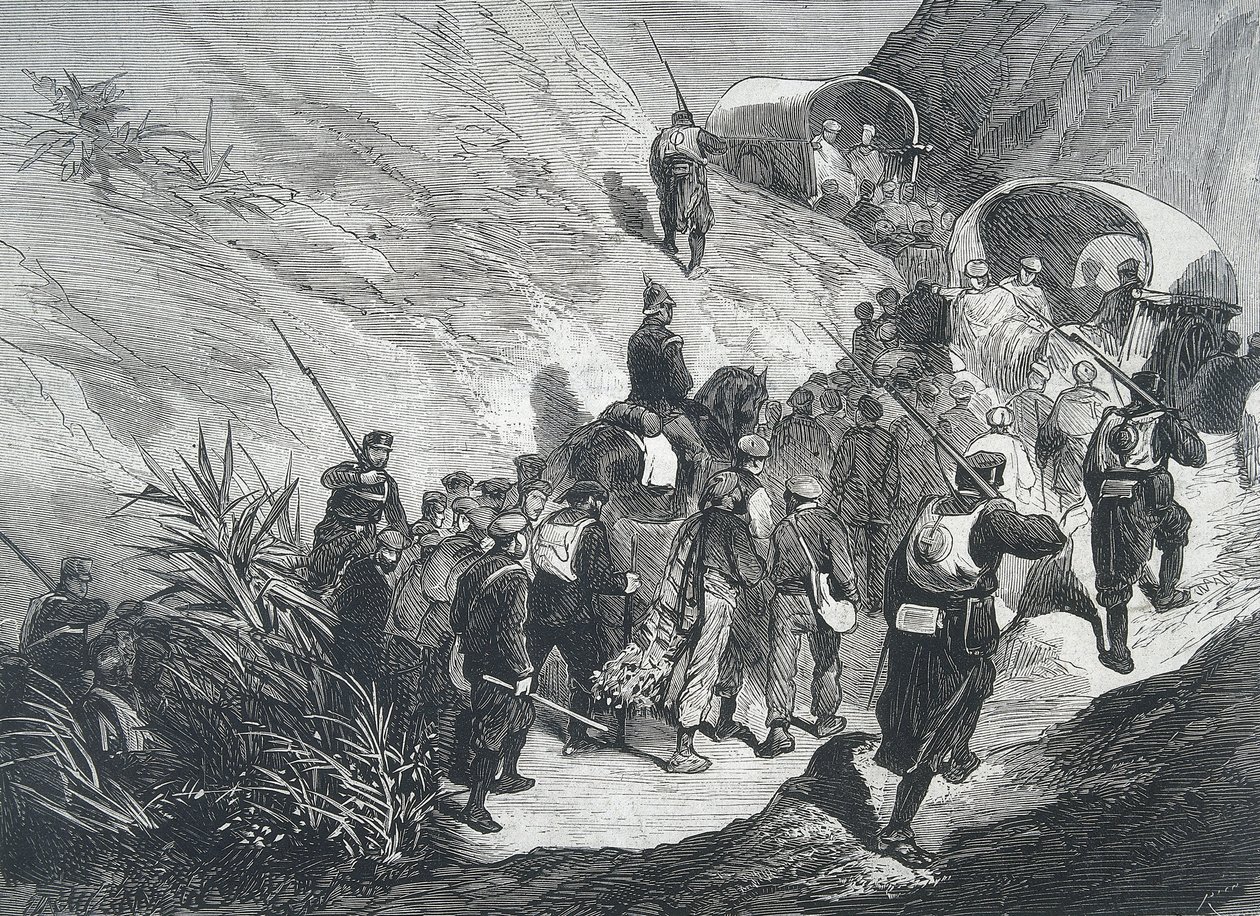 Spanien. Dritter Carlistenkrieg. Carlisten-Gefangene überqueren die Berge in Emporda (Katalonien) von Artist Unknown