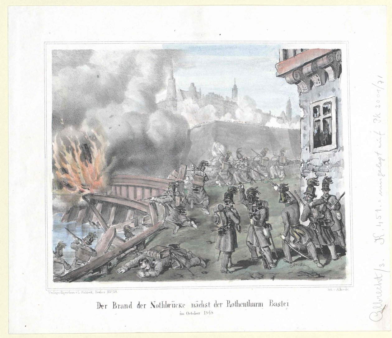 Der Brand der Nothbrücke nahe der Rothenthurmbastei im Oktober 1848 von Artist Unknown