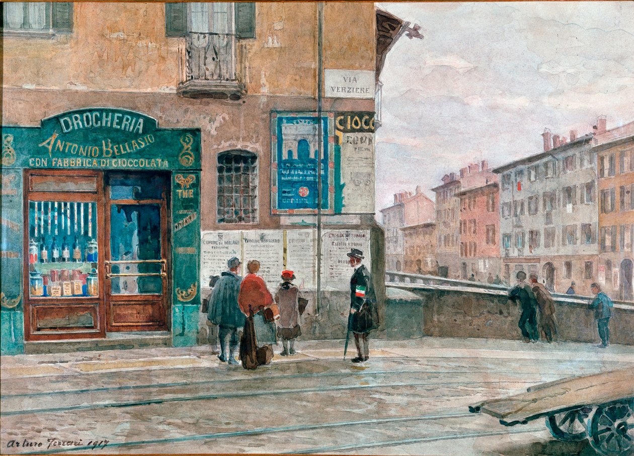 Mailand, Ansicht von der Brücke von Porta Vittoria (Verziere). Aquarell von Arturo Ferrari (1861-1932) 1917. Mailand, Museo di Milano von Arturo Ferrari