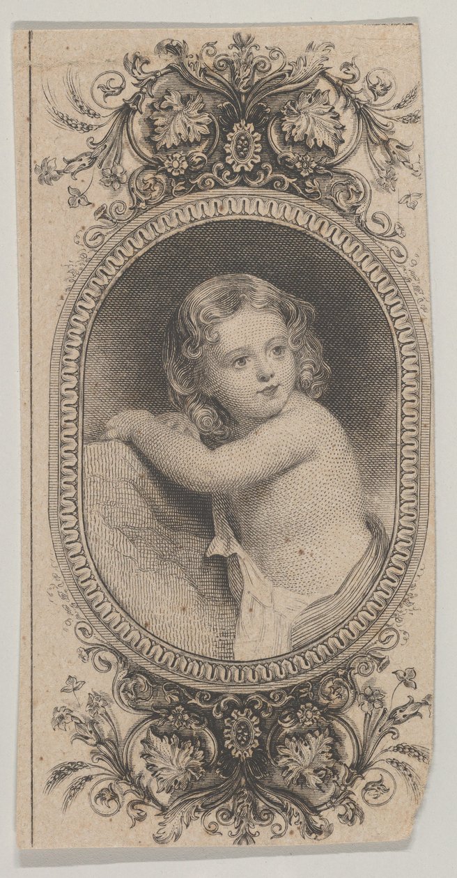 Banknotenmotiv: Porträt eines Kindes und zwei gemusterte Ovale umgeben von einem floralen Muster, ca. 1824-37 von Asher Brown Durand.