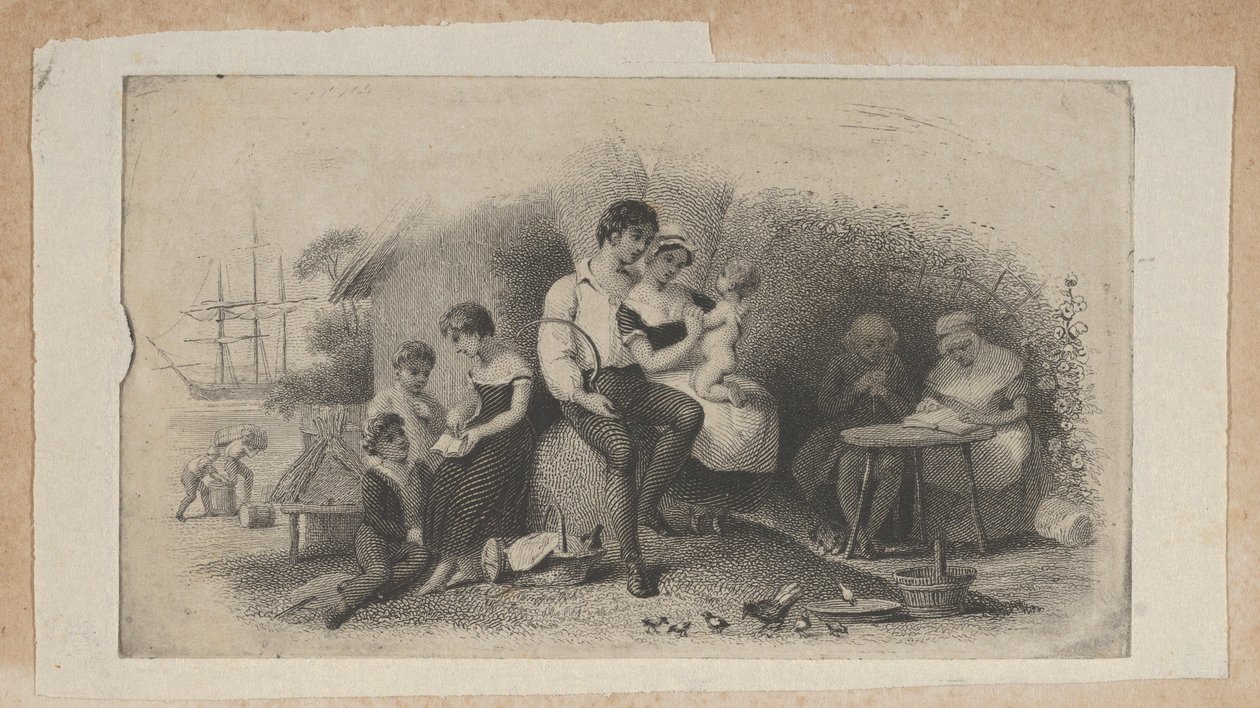 Banknotenvignette mit Figuren verschiedenen Alters, die Lebensphasen darstellen von Asher Brown Durand.