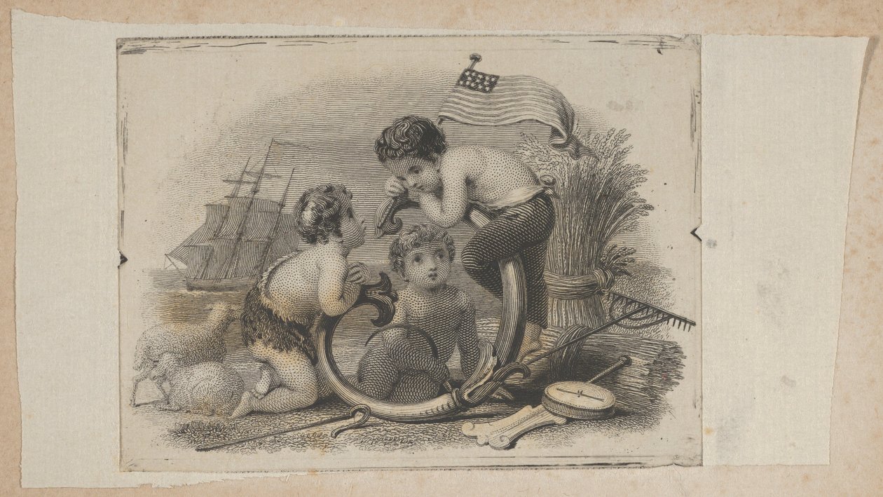 Banknotenvignette mit drei Putti als Hirte, Bauer und Seemann, ca. 1824-37 von Asher Brown Durand.