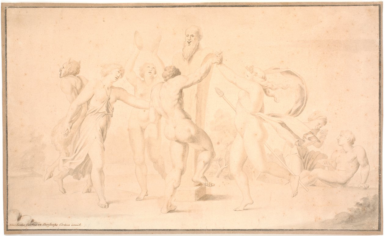 Bacchanal. Ein Satyr, ein Bacchant und drei Bacchantinnen tanzen um eine Priapsherme von Asmus Jacob Carstens