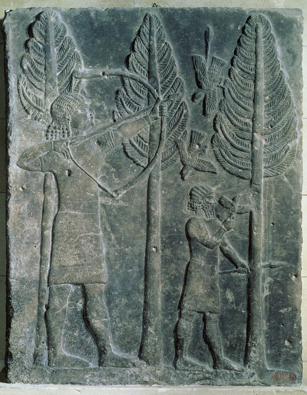 Relief, das die Jagd auf Vögel im Wald darstellt, aus dem Palast von Sargon II. in Khorsabad, Irak von Assyrian