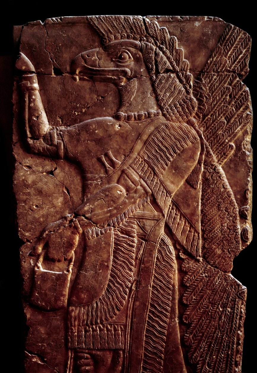 Orientalische Altertümer: Detail eines Alabasterreliefs, das einen Schutzgeist mit einem menschlichen Körper und einem Adlerkopf darstellt, aus dem Palast von Sargon II., König von Assyrien in Dur-Sharrukin (heutiges Khorsabad, Mesopotamien, Irak) von Assyrian