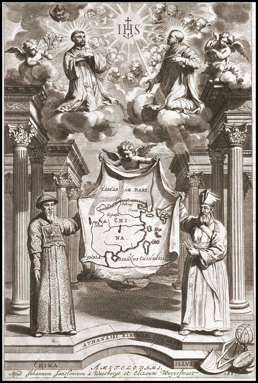 Adam Schall (links) und Matteo Ricci (rechts) in chinesischer Mandarin-Kleidung, Frontispiz von „China“ von Athanase Kircher (oder Athanasius Kircheri) von Athanasius Kircher