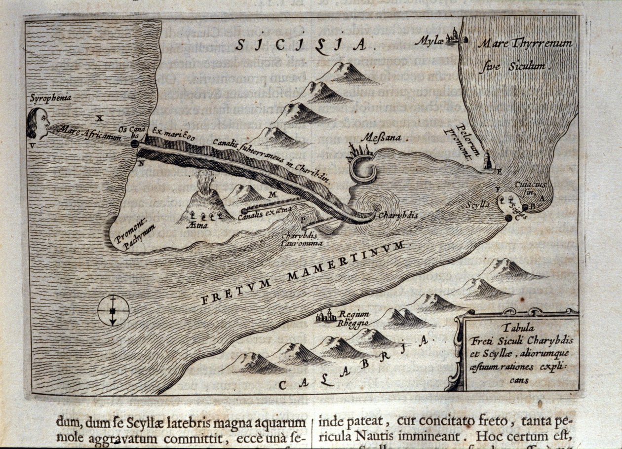 Kartografische Darstellung von Charybdis und Scylla in der Straße von Messina, Sizilien. Gravur aus „Mundus Subterraneus“ von Athanasius Kircher (1601-1680), Jesuit, Orientalist und Gelehrter 1682 von Athanasius Kircher