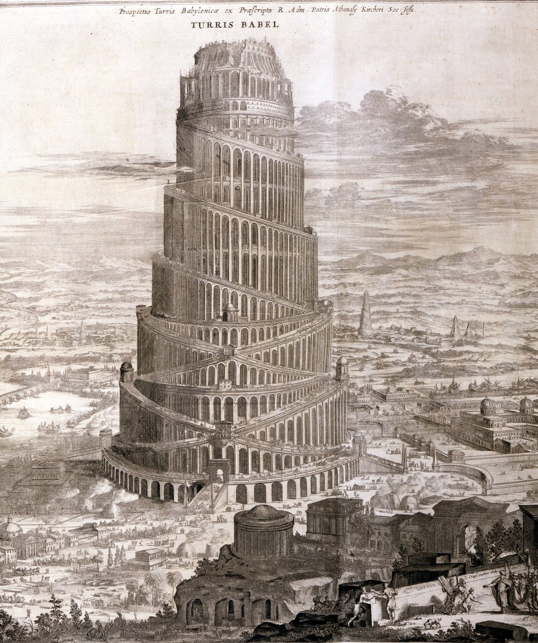 Der Turmbau zu Babel. Rekonstruktion durch Athanasius Kirche in seinem Werk "Turris Babel" über diesen Turmbau und die Geschichte der frühen Menschheit von Athanasius Kircher