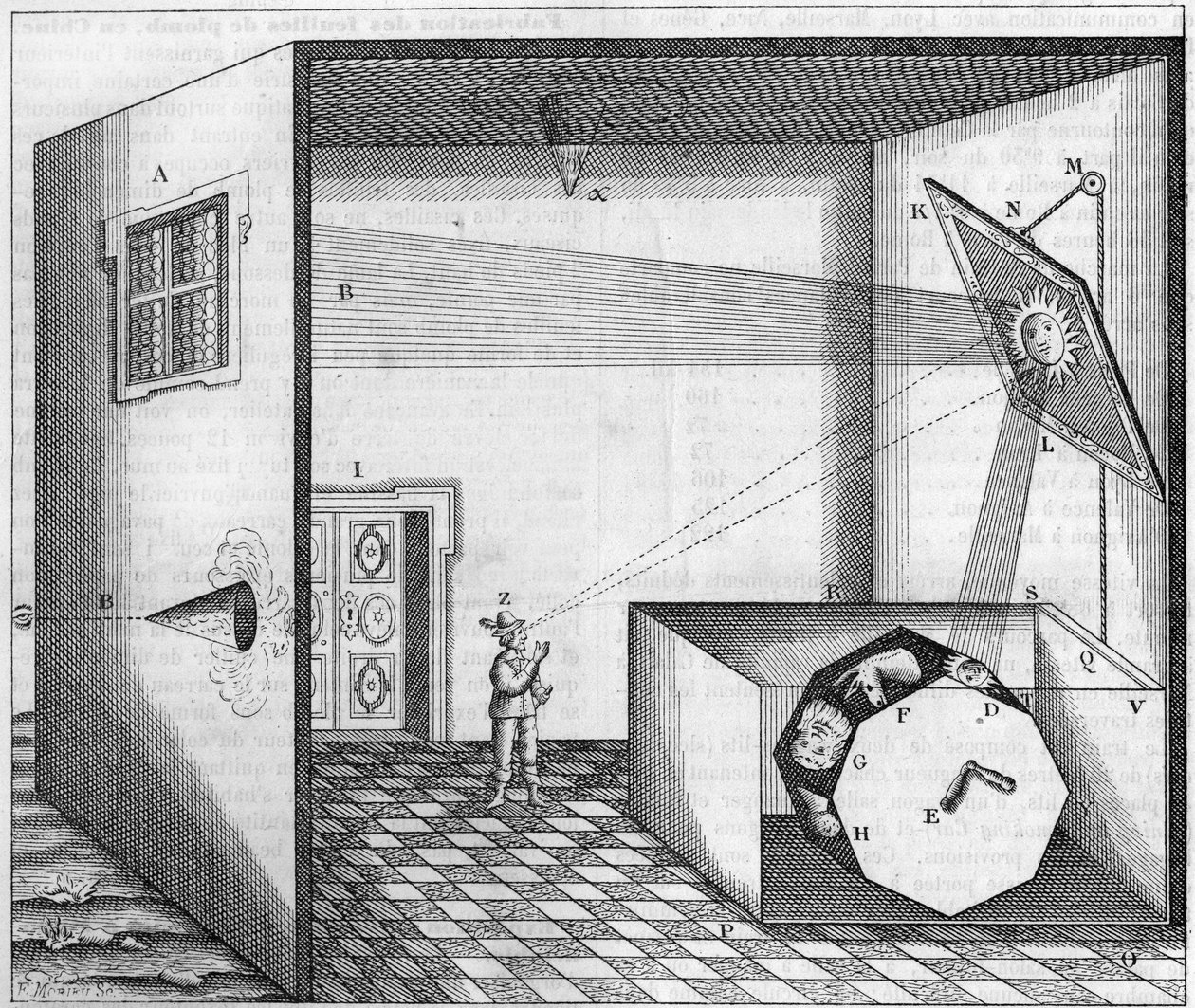 Pater Kirchers katoptrische Maschine - Maschine, durch die ein Mann, der in einen ebenen Spiegel schaut, das Gesicht eines Esels, eines Ochsen oder eines anderen Tieres sieht - In „Ars Magna Lucis Et Umbrae“ von Athanasius Kircher. von Athanasius Kircher