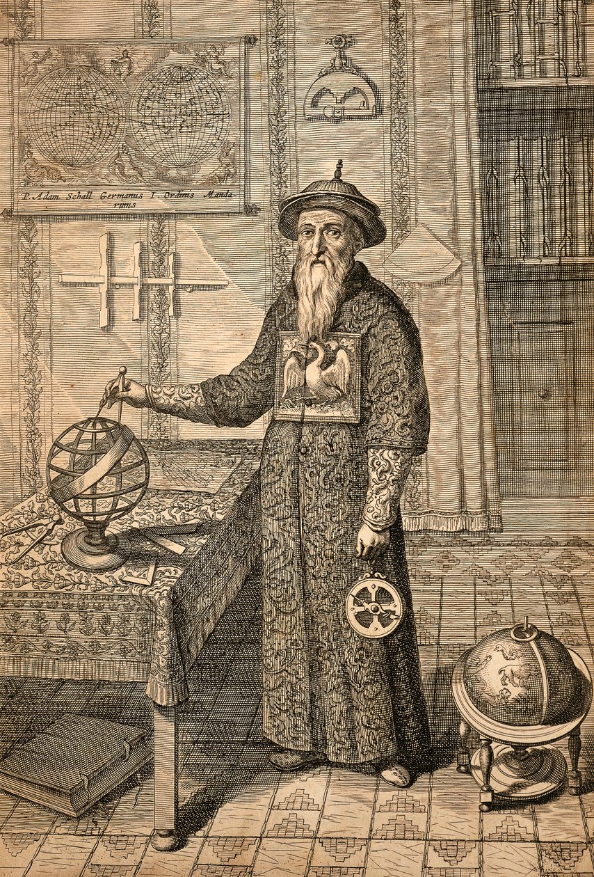 Jesuit Johann Adam Schall von Bell (1591-1666), Vorgänger von Ferdinand Verbiest, Astronom am Hof der Ming-Dynastie in Nanjing, im Mandarin-Kostüm von Athanasius Kircher