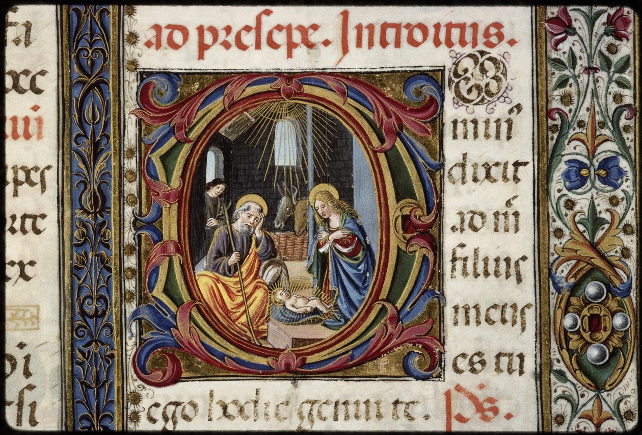 Missel de Thomas James: Detail einer Lettrine D: die Geburt. von Attavante degli Attavanti