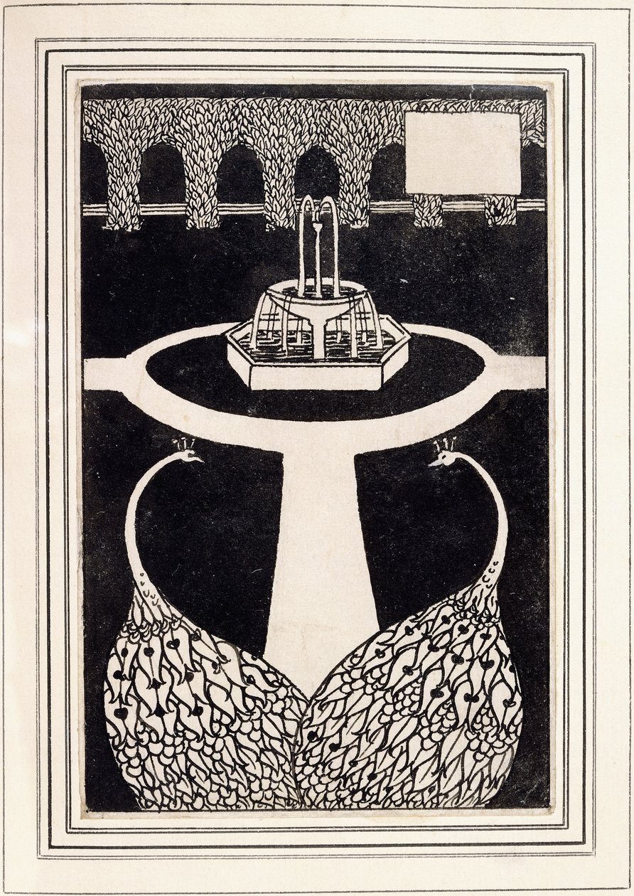 Kapitelüberschrift mit zwei Pfauen in einem Garten mit einem Brunnen, ca. 1893/4 von Aubrey Beardsley