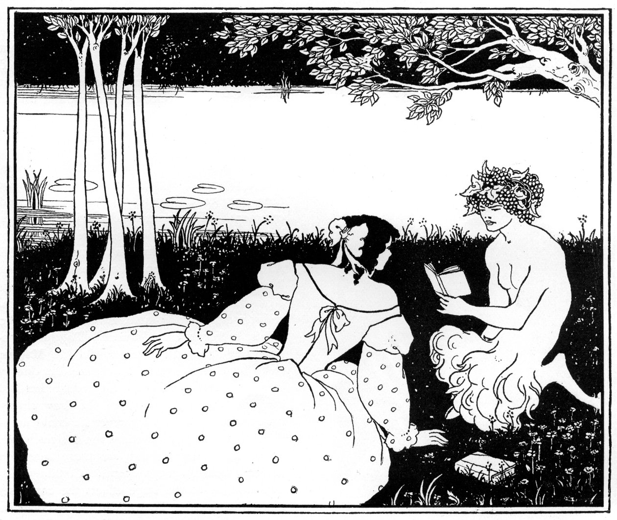 Pan liest einer Frau an einem Bach vor, 1898 von Aubrey Beardsley