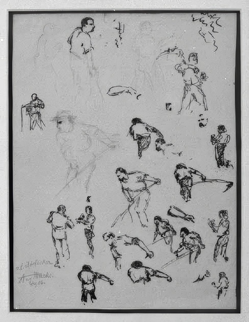Studienblatt mit mähenden Bauern von August Macke