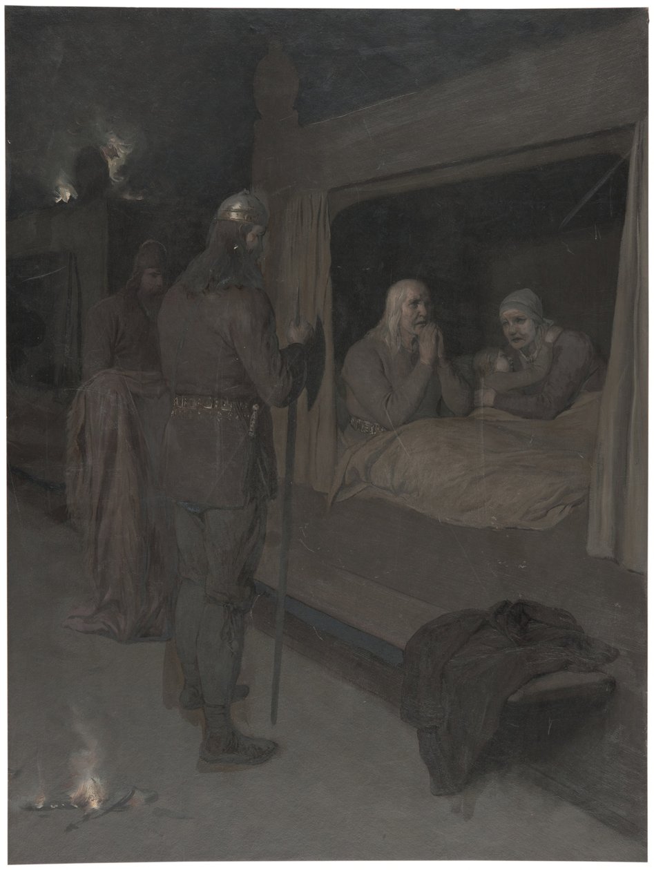 Njal, Bergthora und Thord Karisson beschließen, sich lebendig verbrennen zu lassen. Illustration zu Njals Saga, Kap. 129 von August Malmström