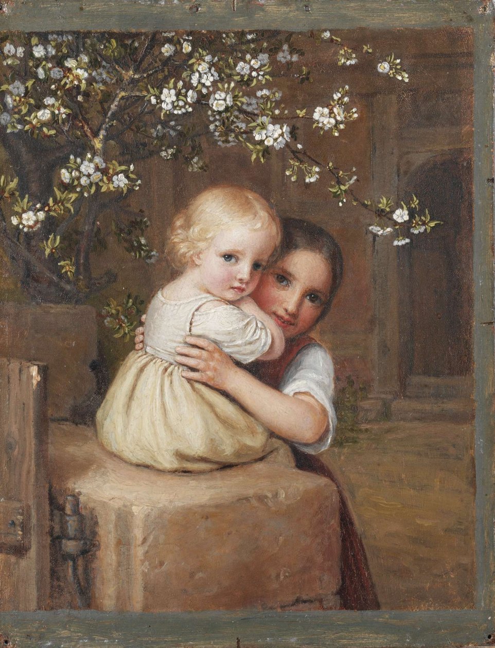 Kind und Mädchen unter blühendem Apfelbaum (Studie) von August von der Embde